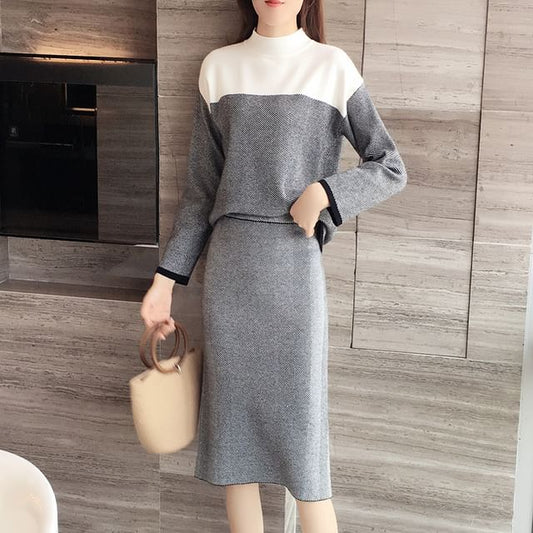 Set: Mock Neck Two Tone Sweater + High Waist Striped Midi Straight Skirt