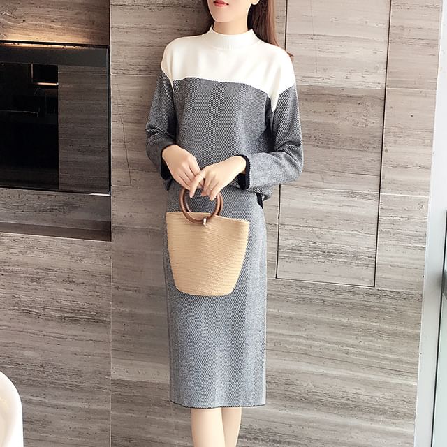 Set: Mock Neck Two Tone Sweater + High Waist Striped Midi Straight Skirt