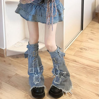 Applique Fringed Trim Buckled Denim Leg Warmers