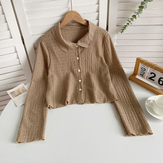 Long-Sleeve Plain Shirred Button-Up Shirt