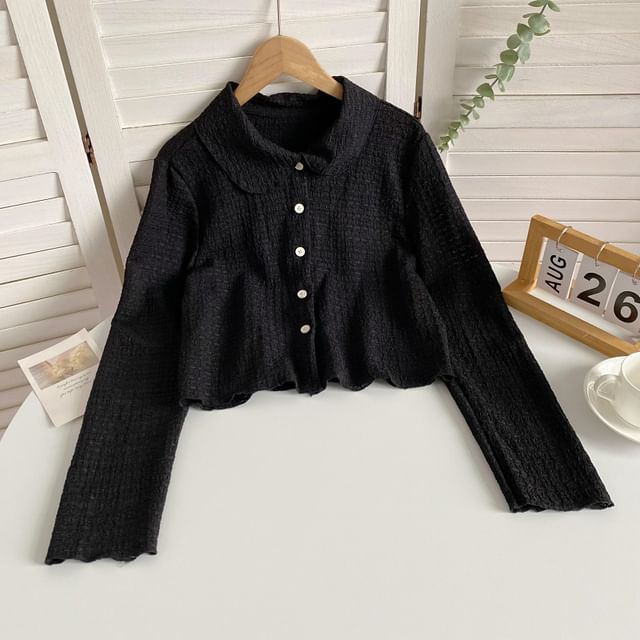 Long-Sleeve Plain Shirred Button-Up Shirt