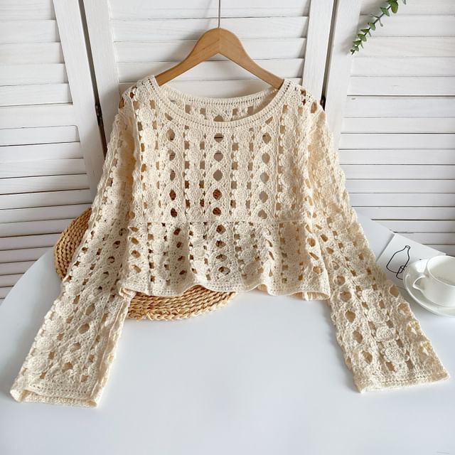 Long-Sleeve Crew Neck Crochet Lace Top