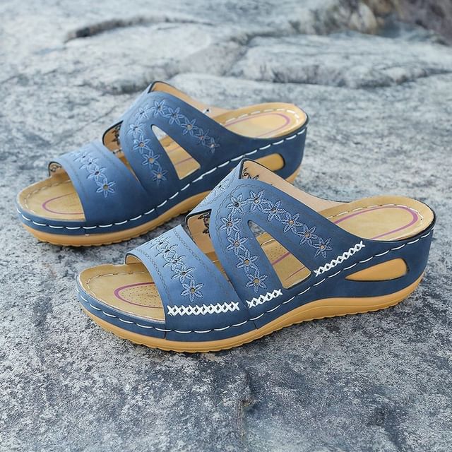 Platform Sandals Slide Flower Wedge Embroidered