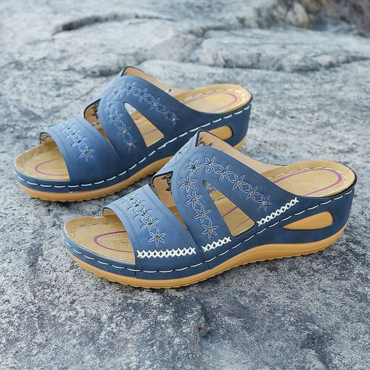 Platform Sandals Slide Flower Wedge Embroidered