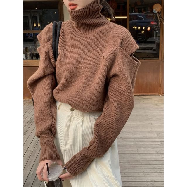 Sweater Loose-Fit Plain Cold-Shoulder Turtleneck