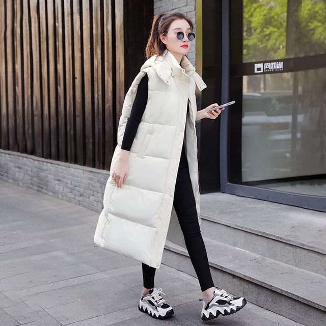 Plain Hooded Midi Puffer Vest