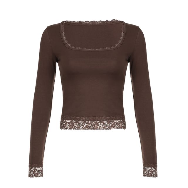 Cropped Top Long-Sleeve Lace Square-Neck