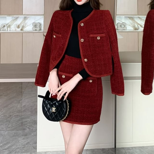 Set: Collarless Tweed Button Jacket + High Waist Mini Pencil Skirt