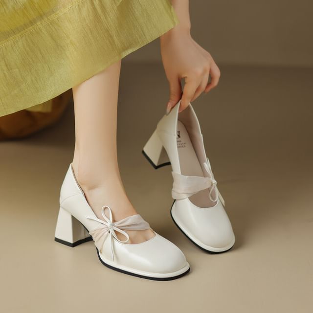 Bow Patent Leather Block Heel Pumps