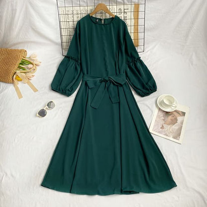 Long-Sleeve Crew Neck Plain Sashed Midi A-Line Dress