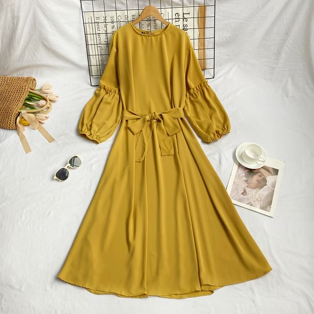 Long-Sleeve Crew Neck Plain Sashed Midi A-Line Dress