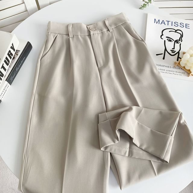 Elastic Waist Plain Roll Up Hem Dress Pants