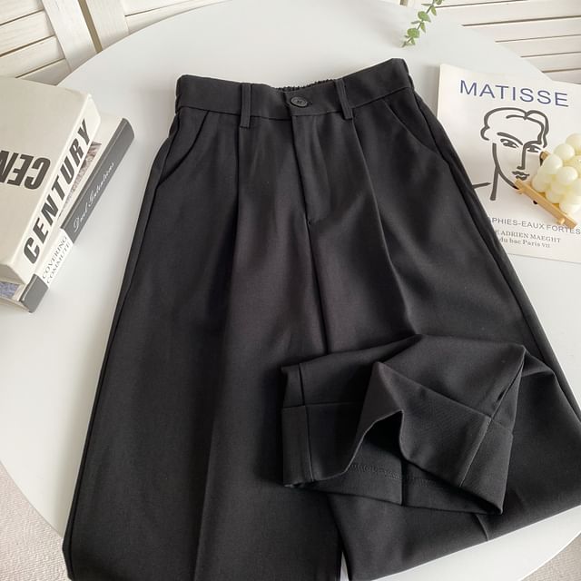 Elastic Waist Plain Roll Up Hem Dress Pants