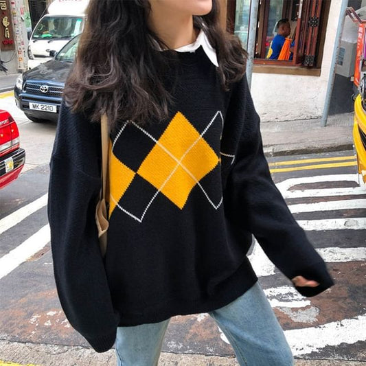 Crewneck Printed Plaid Color-Block Oversize Sweater