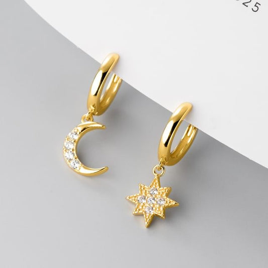 Moon & Star Rhinestone Asymmetrical Sterling Silver Drop Earring