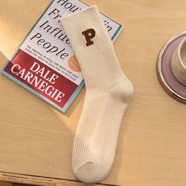 Letter Embroidered Ribbed Socks