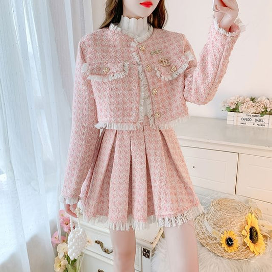 Puff-Sleeve High Neck Blouse / Tweed Faux Pearl Button-Up Jacket / High Waist Mini A-Line Skirt / Set