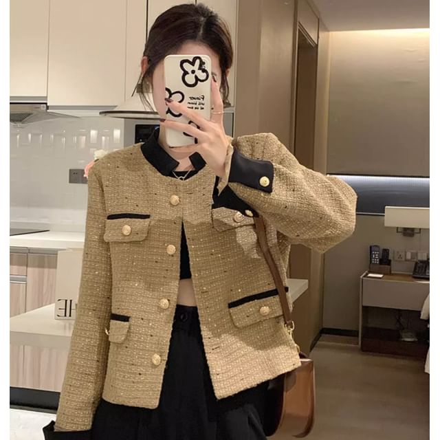 Tweed Plaid Button-Up Jacket