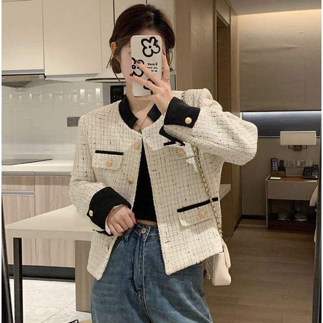 Tweed Plaid Button-Up Jacket