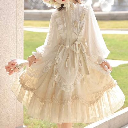 Long-Sleeve Round Neck Lolita Floral Applique Bow Ruffle Panel A-Line Dress