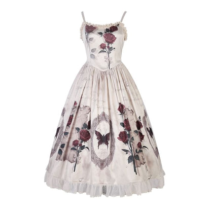 Lolita Puff Sleeve Stand Collar Bow Ruffle Blouse / Spaghetti Strap Butterfly Floral Print Midi A-Line Dress / V-Neck Mock Two Piece Lace Up Mesh Midi A-Line Overall Dress / Set