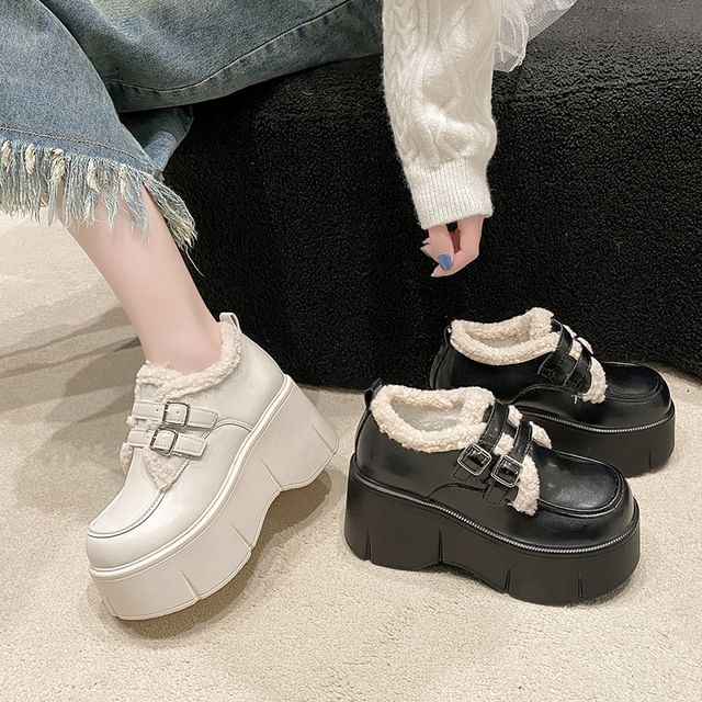 Wedge-Heel Loafers Fleece Trim