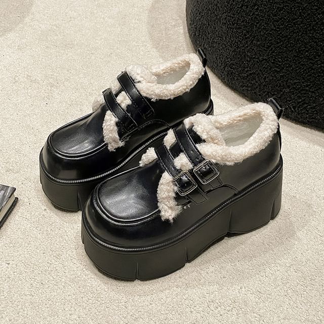 Wedge-Heel Loafers Fleece Trim