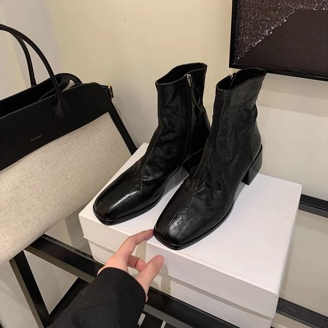 Genuine Leather Low-Heel Square Toe Short Boots
