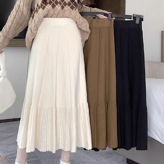 High Waist Plain Midi A-Line Knit Skirt