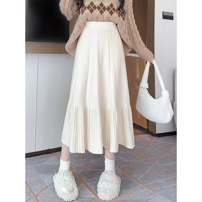 High Waist Plain Midi A-Line Knit Skirt