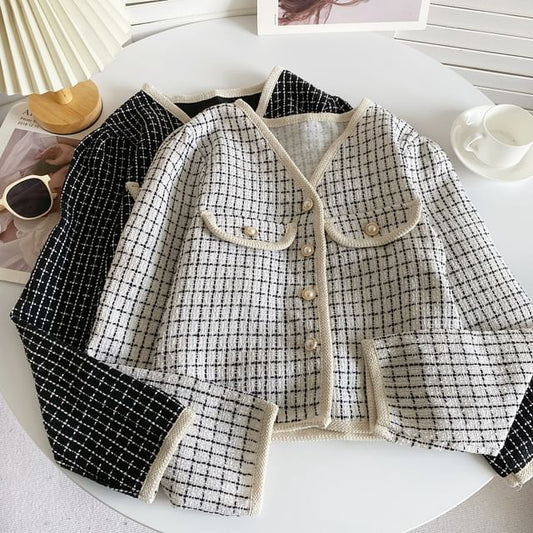 V-Neck Patterned Tweed Faux Pearl Buttoned Crop Jacket