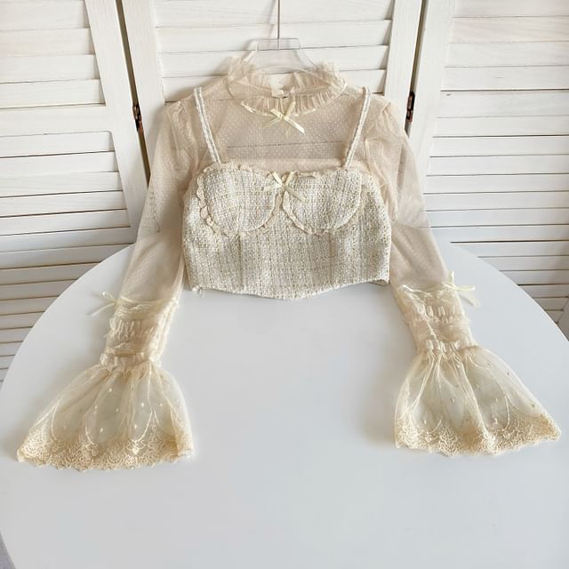 Long-Sleeve Stand Collar Mock Two-Piece Tweed Panel Bow Accent Lace Trim Mesh Crop Blouse