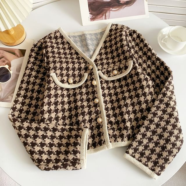 V-Neck Patterned Tweed Faux Pearl Buttoned Crop Jacket