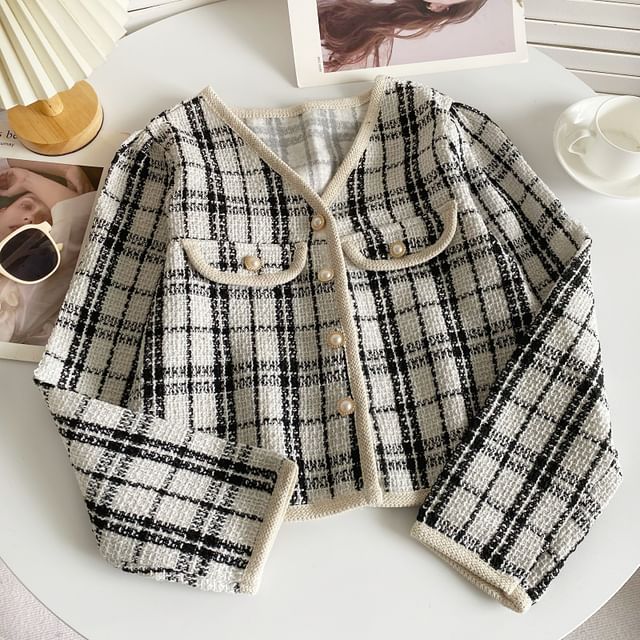 V-Neck Patterned Tweed Faux Pearl Buttoned Crop Jacket