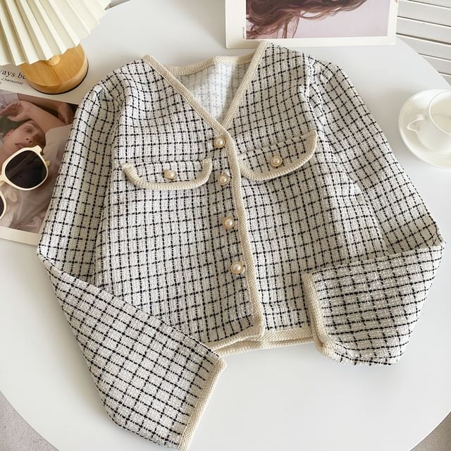 V-Neck Patterned Tweed Faux Pearl Buttoned Crop Jacket