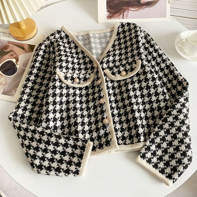 V-Neck Patterned Tweed Faux Pearl Buttoned Crop Jacket