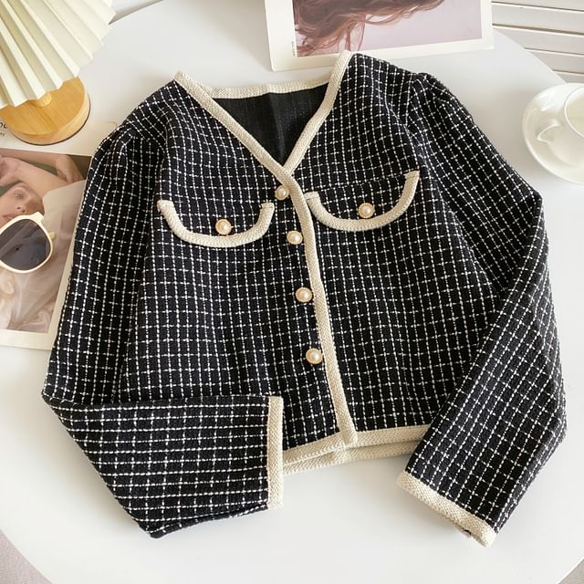 V-Neck Patterned Tweed Faux Pearl Buttoned Crop Jacket