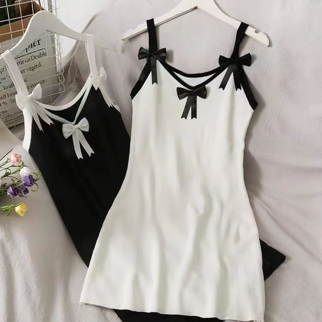 Bow Trim Spaghetti Dress Bodycon Mini Strap Contrast