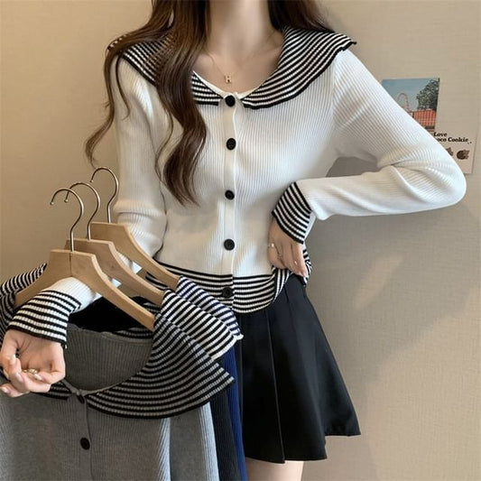 Top Ribbed Knit Long-Sleeve Striped Button Collar Panel