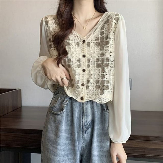 V-Neck Crochet Blouse Panel Knit Long-Sleeve