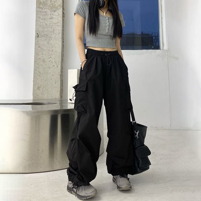 Plain Pants Waist Drawstring Leg Cargo Wide