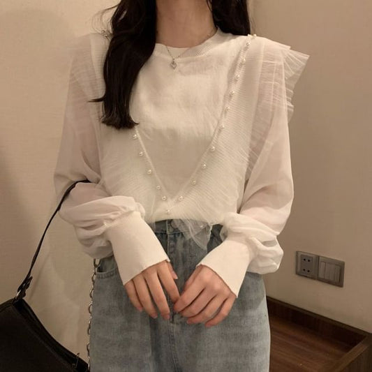 Neck Top Knit Pearl Plain Long-Sleeve Crew Ruffle Faux Trim