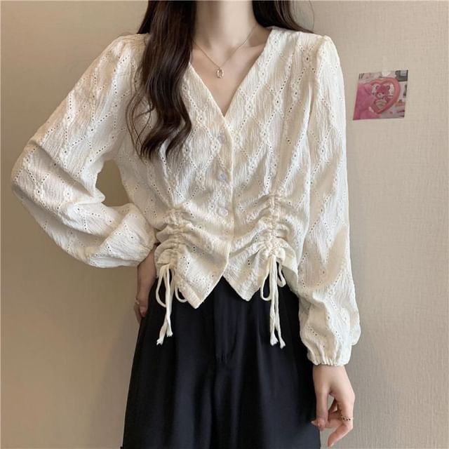 Blouse Eyelet Plain Long-Sleeve V-Neck Drawstring