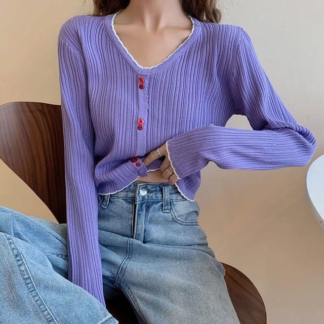 Top Crop Button Trim Contrast V-Neck Long-Sleeve Knit Ribbed