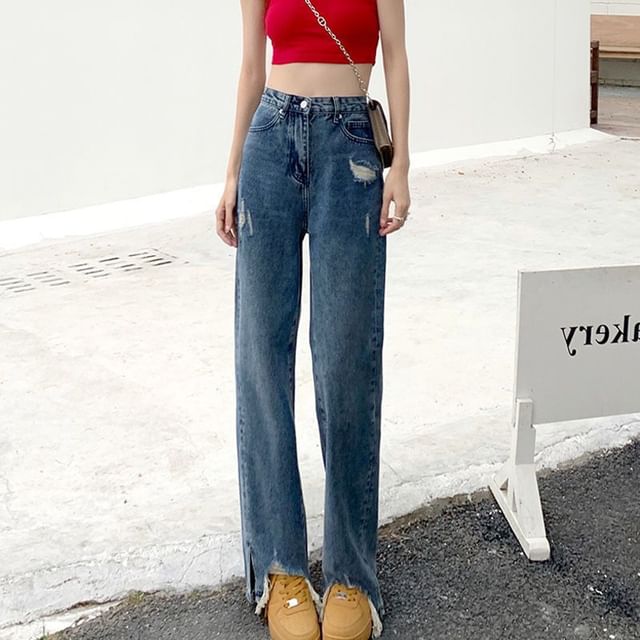 Distressed Loose Waist Jeans High Fit