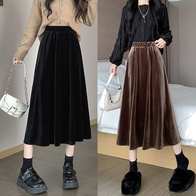 Velvet Waist Skirt A-Line Midi Elastic Plain