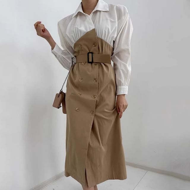 Long-Sleeve Collared  Two Tone Double-Breasted Midi Shirt Dress