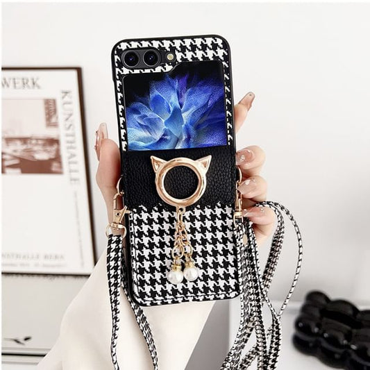 Lanyard Pearl Phone Cat Faux Case Houndstooth