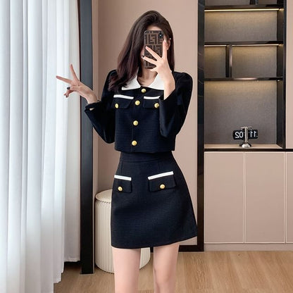 Set: Collared Two Tone Button Jacket + Mid Rise Mini A-Line Skirt