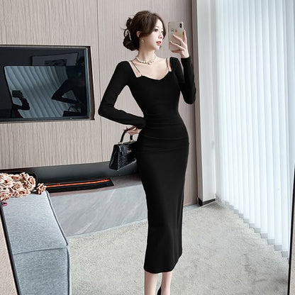 Long-Sleeve Square Neck Plain Midi Bodycon Dress